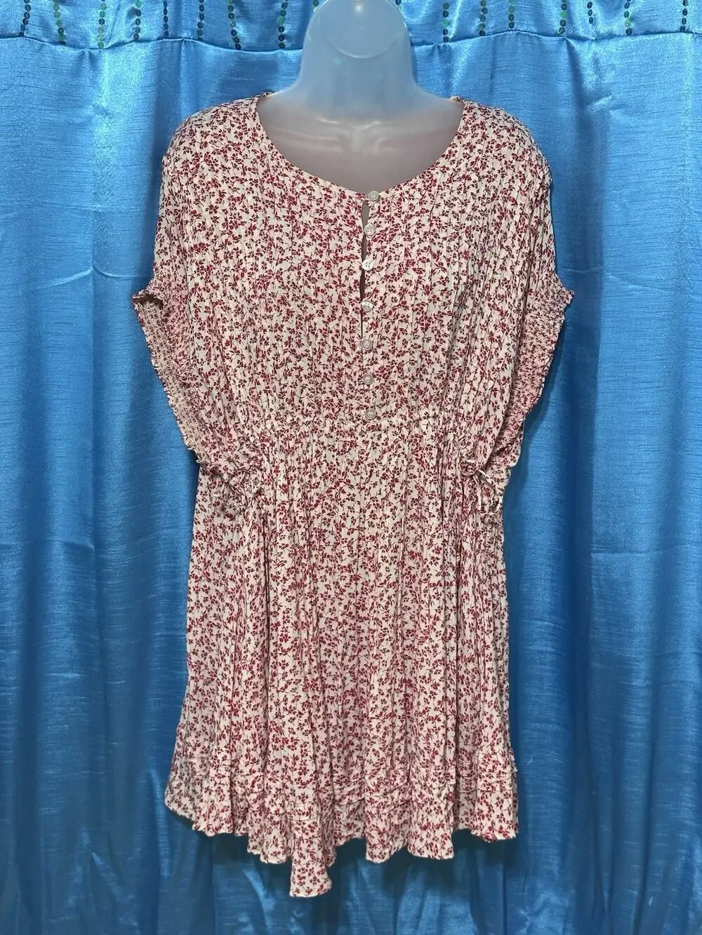 Free People Sz Small One Fine Day Red & White Floral Mini Dress Tunic Pockets